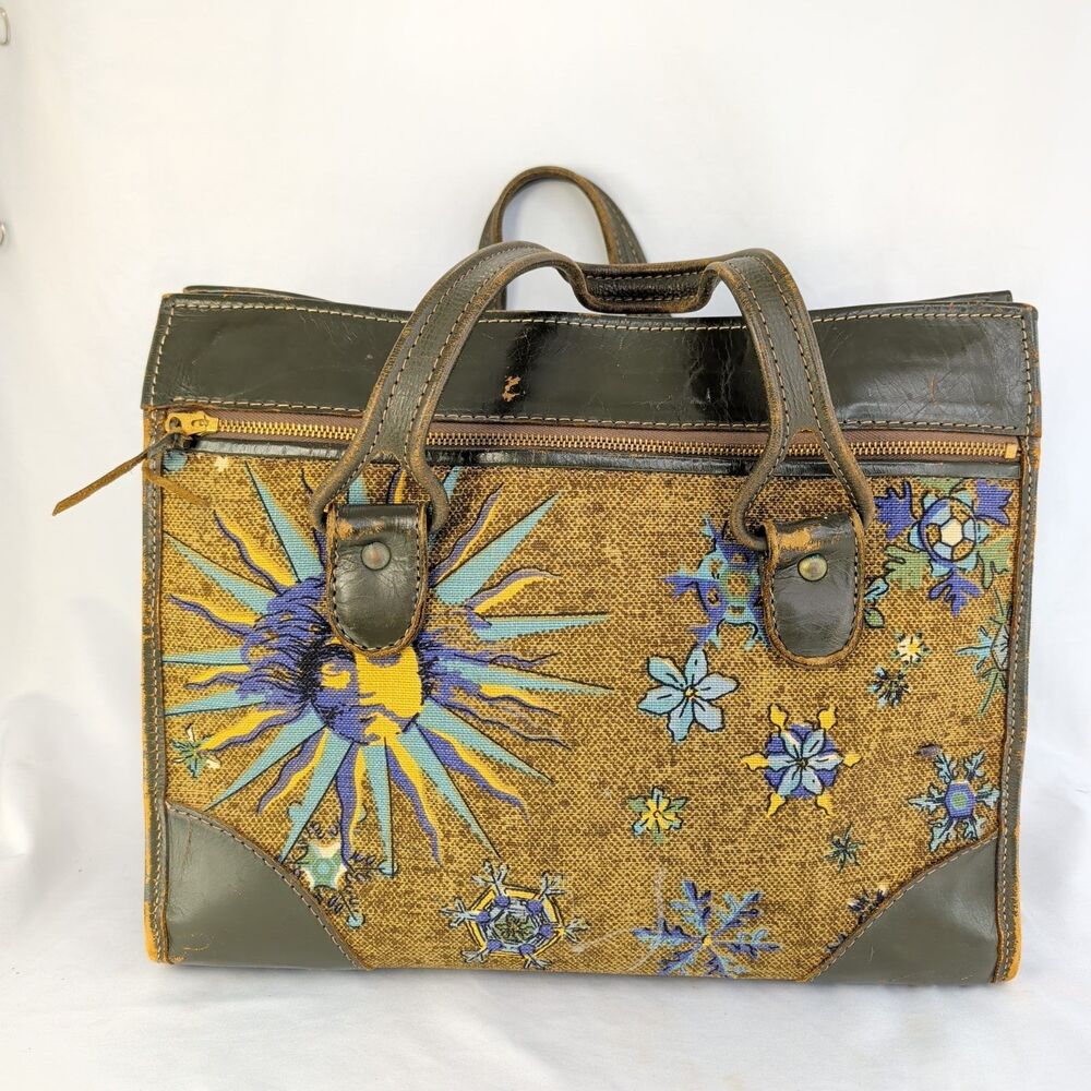 Hartmann Vintage Tapestry Tote Bag Green Leather Trim Sun Star Motif Zipper